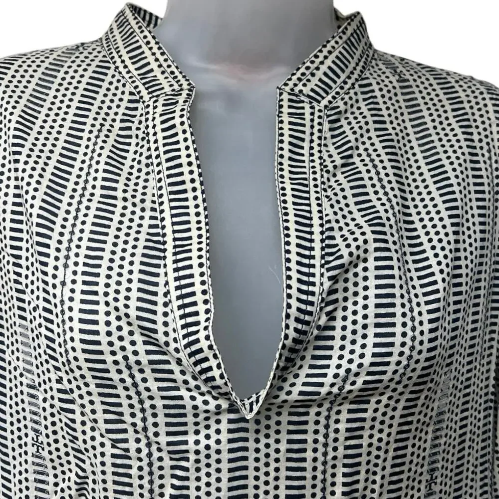 Tory Burch Stephanie Size 6 Blouse Beige Black Clear Sequin Tunic Top V-Neck